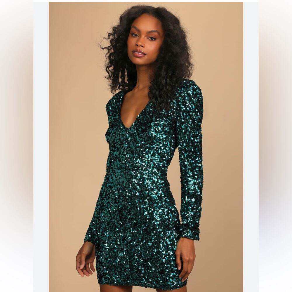 Lulus Teal Blue Sequin Puff Shoulder Mini Dress XS NWT Party Glam Event Disco